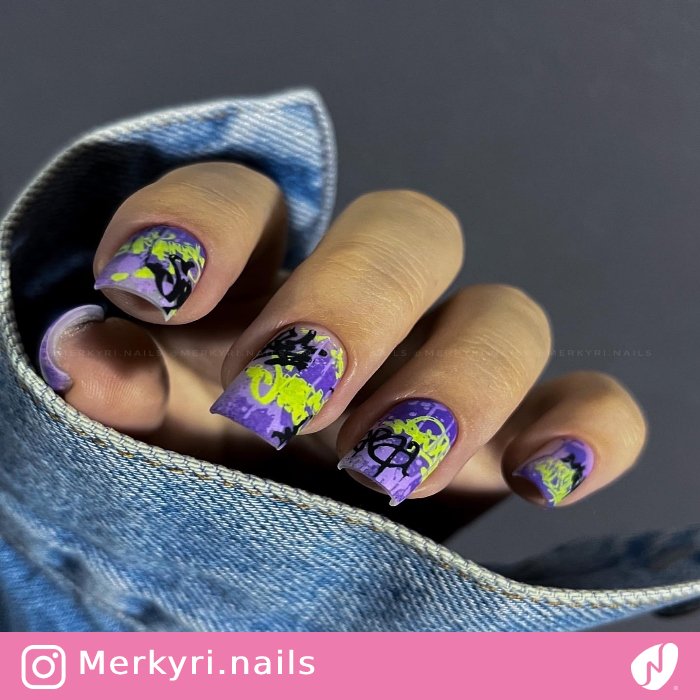 Purple and Neon Green Street Art Nails